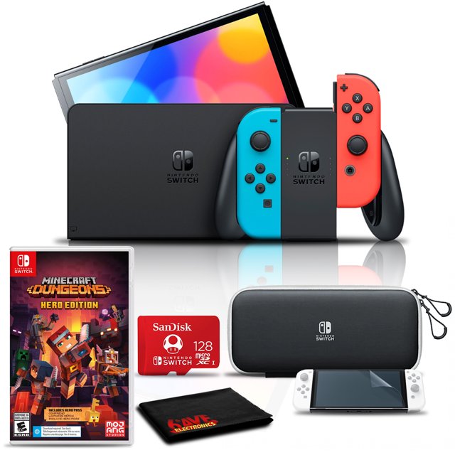 Nintendo Switch OLED Neón Azul/rojo con Minecraft Dungeons Hero, Tarjeta de 128 Gb y Más