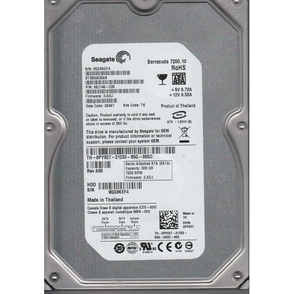 ST3500630AS, 9QG, TK, PN 9BJ146-035, FW 3.ADJ, Seagate 500GB SATA 3.5 Hard Drive