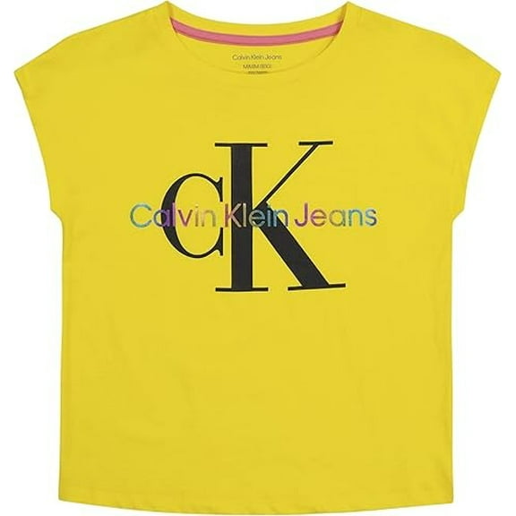 Calvin Klein VIBRANT YELLOW Big Girls Rainbow Monologo T-shirt, US M/M/M(8-10)
