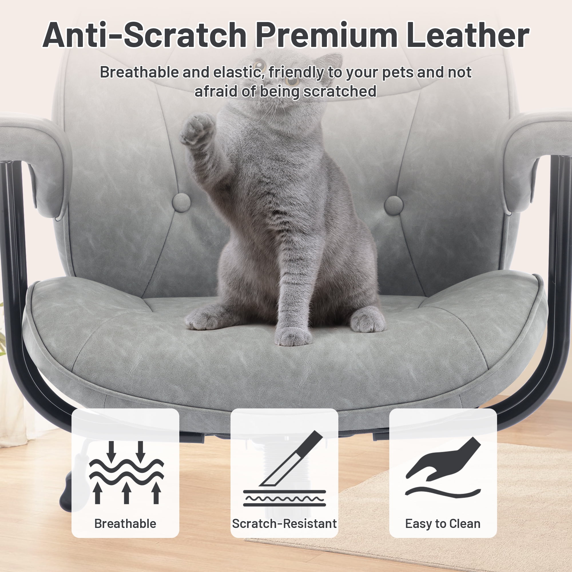 Mid Century Modern Office Desk Chair with Wheels and Arms, Mid Back Ergonomic Office Chair with Lumbar Support, Swivel Leather Computer Desk Chair for All Day Comfort