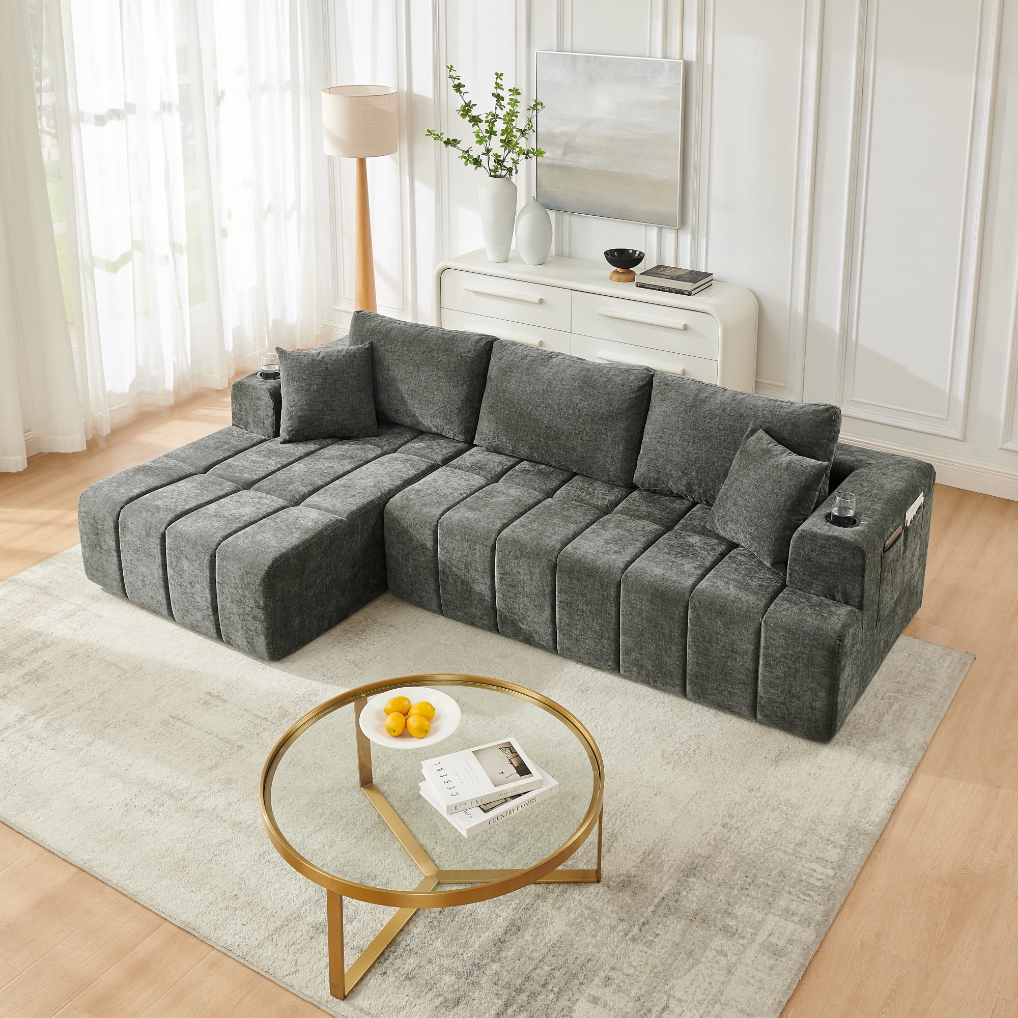 Leumius 108" L-Shaped Sectional Sofa,Chenille Boneless Couch, Modern 3-Seat Upholstered Cloud Couch Sectional with Deep Seat and Cup Holders for Living Room,No Assembly Required,Dark Gray