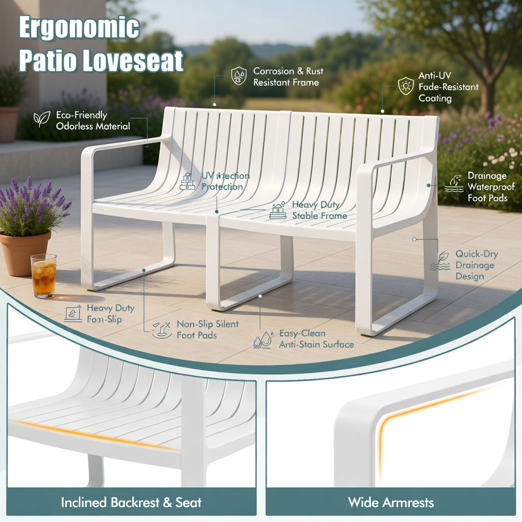 Hommoo Weather-Resistant Plastic 2-Person Outdoor Patio Loveseat Bench, Curved Backrest, White