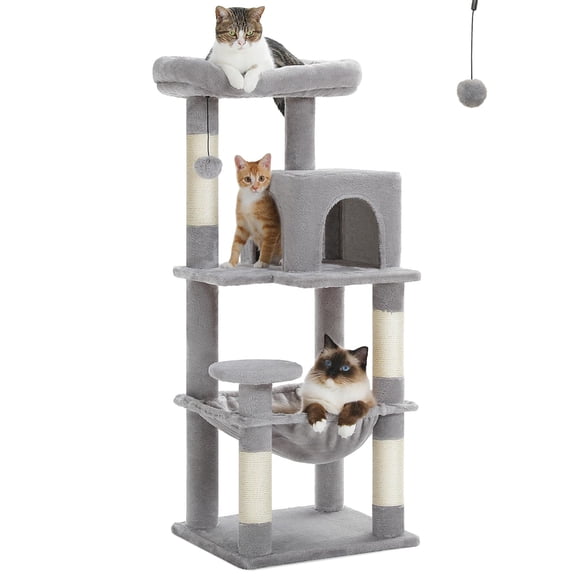 Indoor Cat Tree for Large Cats, 5-Level Cat Tower with Metal Frame, Spacious Large Hammock, Big Top Perch for Unobstructed Views, 4 Sisal Covered Scratching Posts, Grey