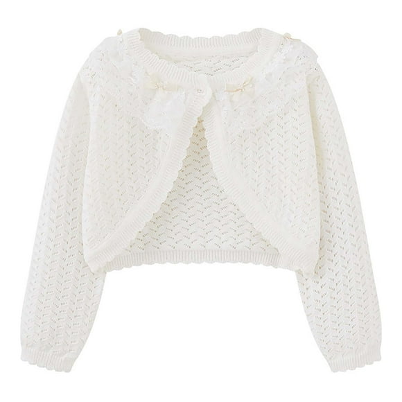 Boléro Cardigan Tricoté pour Filles, un Bouton, Nœud, Manches Longues, Boléro, Chandails, Veste Courte, Couvre-Maillot, Hauts Mignons (7-8 Ans, Beige)