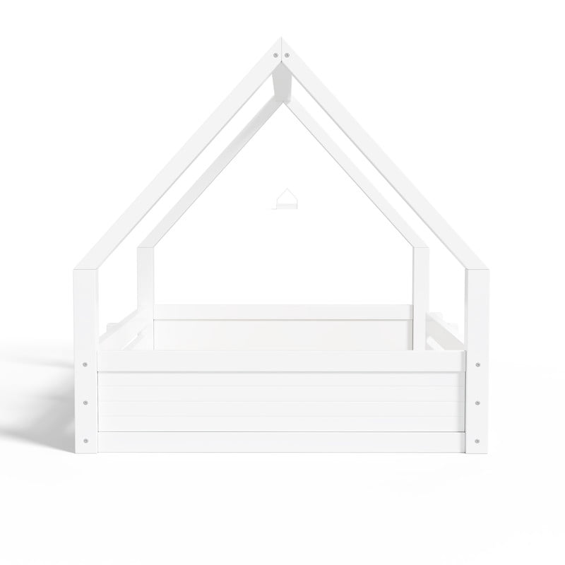 Full Size Kids House Floor Bed, Wooden Platform Bed Frame with Open Roof Frame, Child Bed with Fence Guardrails