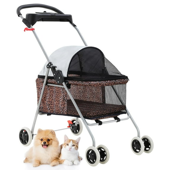 Bestpet 4-Wheeled Luxury Dog & Cat Stroller with Cup Holder, Leopard Skin