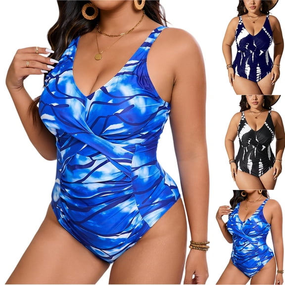 JoveMarine Women's Plus Size Floral One-Piece Swimsuit V-Neck Monokini with Ruffled Skirt & Back Cutout for Vacation Resort and Summer Beach Holiday Black L