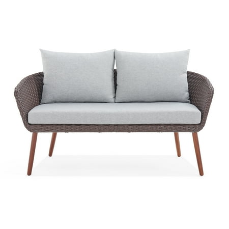 Athens All-Weather Wicker Two-Seat Outdoor Brown Bench with Light Gray Cushions