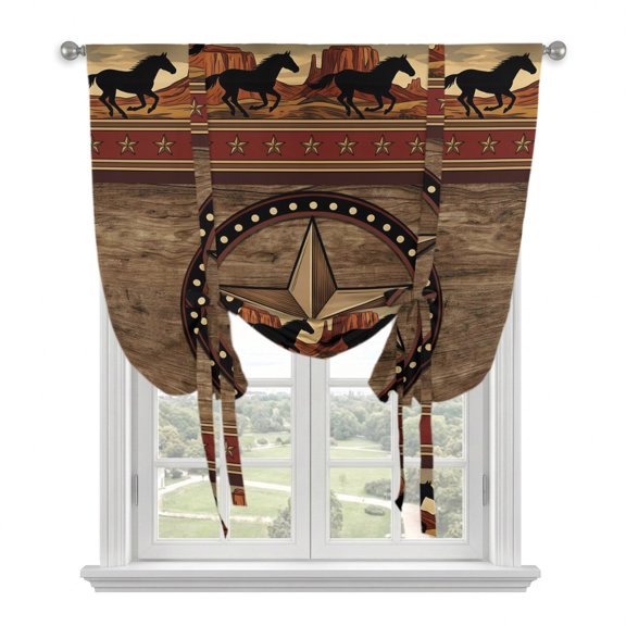 Texas Star Rustic Tie Up Curtains for Windows, Adjustable Balloon Window Shades, Farmhouse Western Horse Wood Grain Kitchen Window Treatments Farmhouse Short Curtains with Rod Pocket 42"x45"