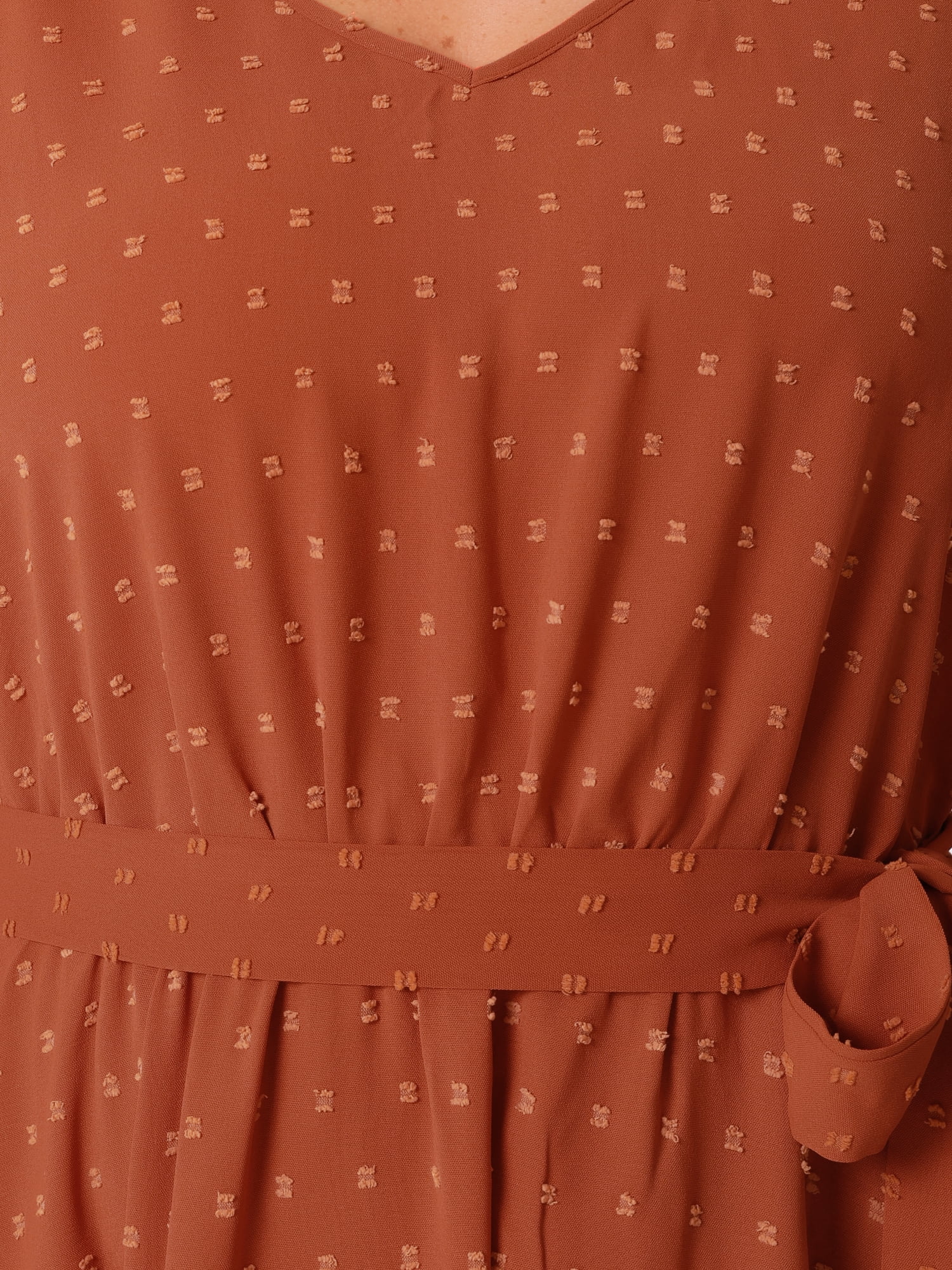 DARING DIVA Plus Size Swiss Dot V Neck Long Sleeve Midi Dress 4X Orange