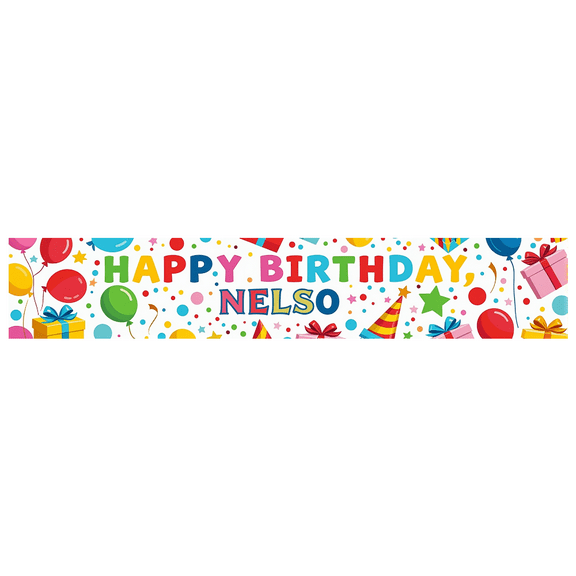 Colorful Personalized Happy Birthday Banner with Balloons Gifts Party Hats Background Party Decoration Photography Prop Birthday Party Supplies Birthday Decoration Backdrop
