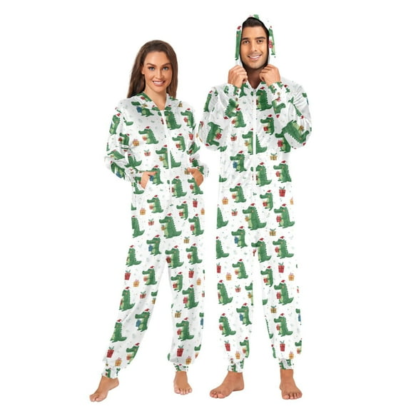 Wobogo Christmas Crocodile Unisex Pajamas Hooded Onesie Jumpsuit Zipper version Non-Footed Women&Men
