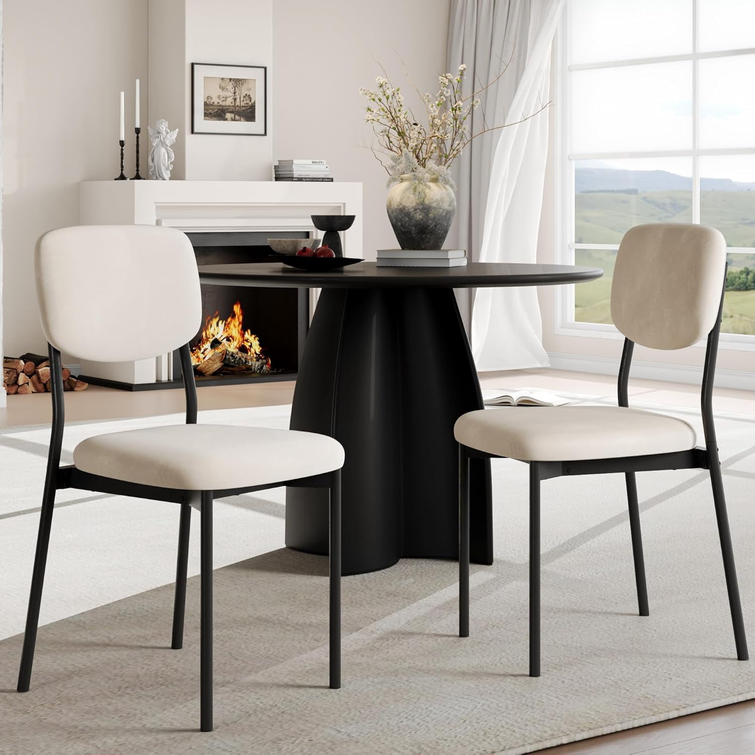 Upholstered Dining Chairs Set of 6, Stackable Modern Dining Room Chairs, Kitchen Chairs w/Soft Velvet Backrest & Sturdy Metal Legs ,Cream Beige
