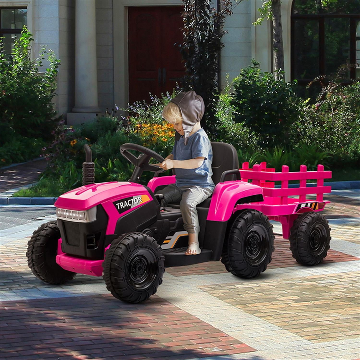 CIPACHO 12V Kids Ride On Tractor with Trailer, Battery Powered Electric Car with Music, USB, LED Lights, Vehicle Toy for 3 to 6 Ages, Pink