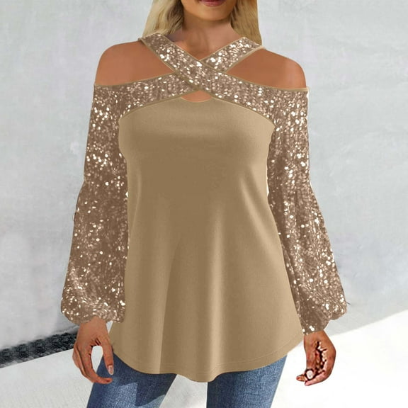 Aobny Sequin 2024 Shirts for Women Yellow V-Neck Solid Long Sleeve Off The Shoulder Pullover Tops for Junior Casual
