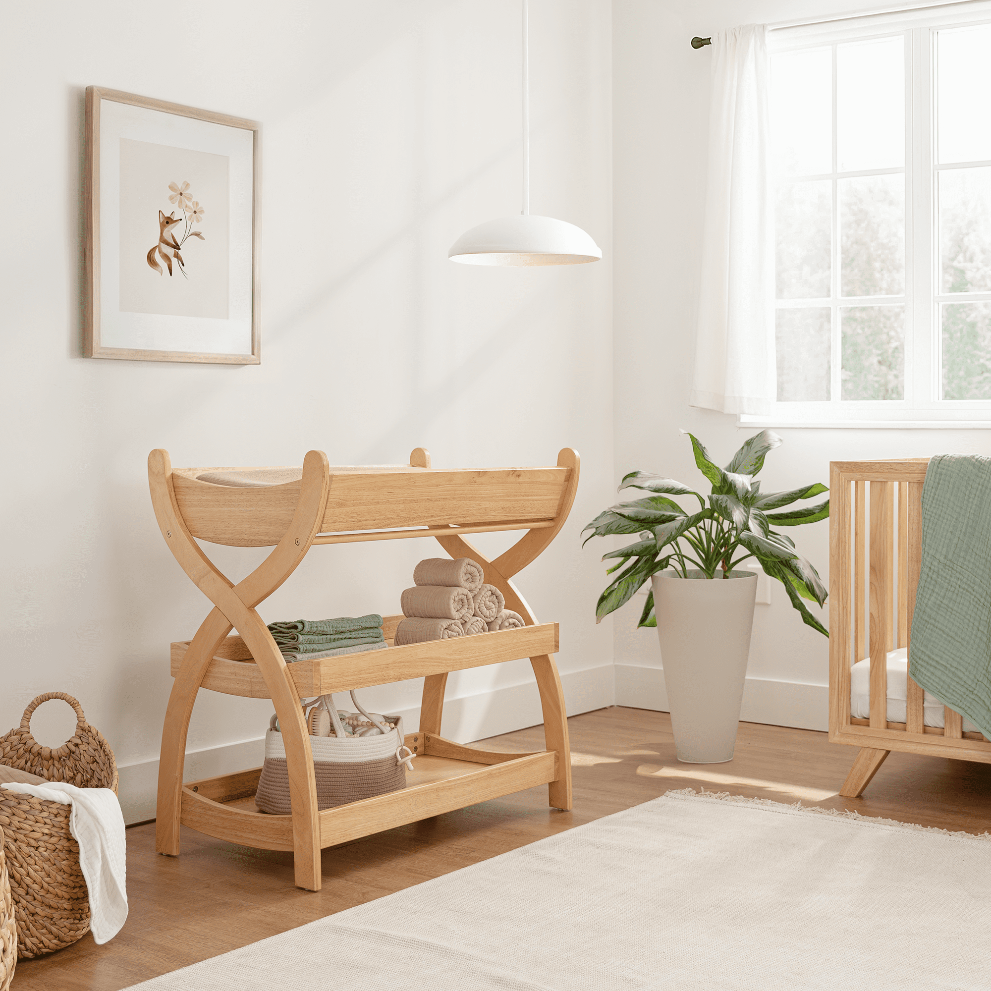 Comfy Cubs Baby Changing Table with Two Open Shelves for Storage - Natural Wood
