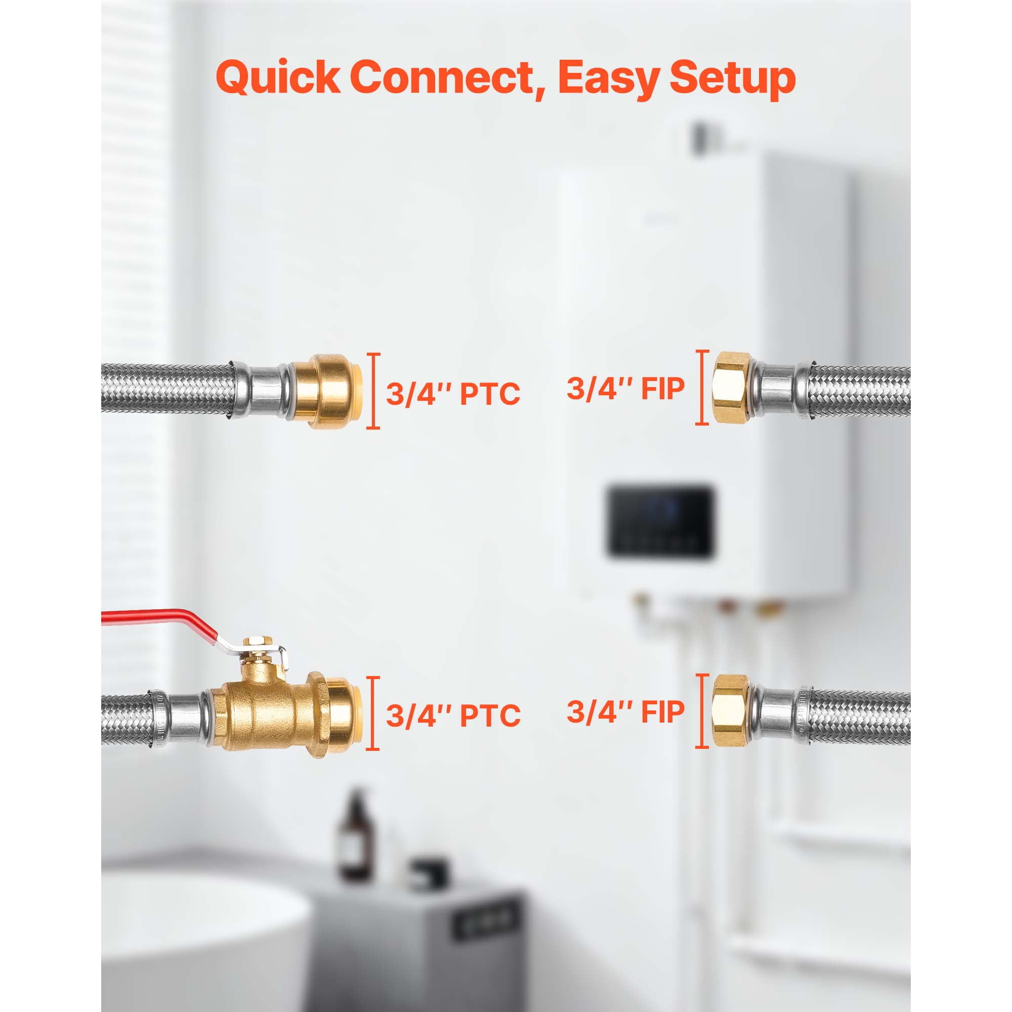 KFFKFF Water Heater Kit with Push-Fit Valve, Flexible Connector and 3/4" FIP x 3/4" PTC Ball Valve, Stainless Steel Braided Supply Line for Bathroom, Kitchen, and Laundry Use