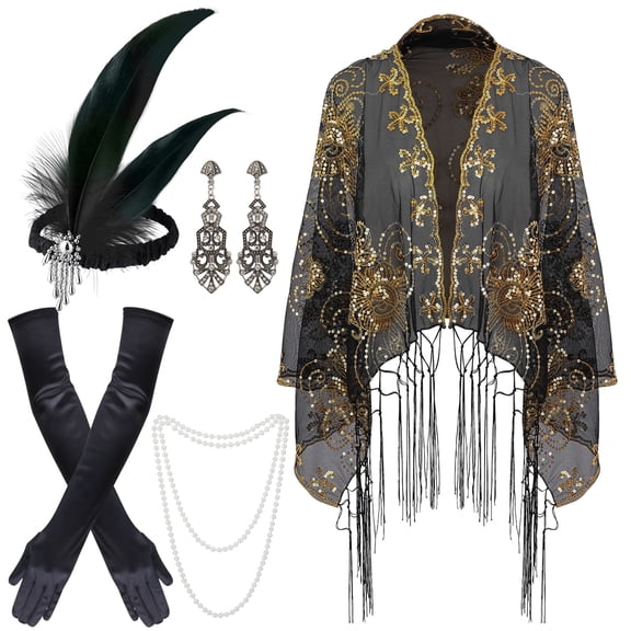 sixwipe 7 Pcs 1920s Flapper Accessories Set for Women, Roaring 20s Accessories with Vintage Dress Shawl, 1920s Women Outfits Costume for Women Cosplay Party Favor Bachelorette Party