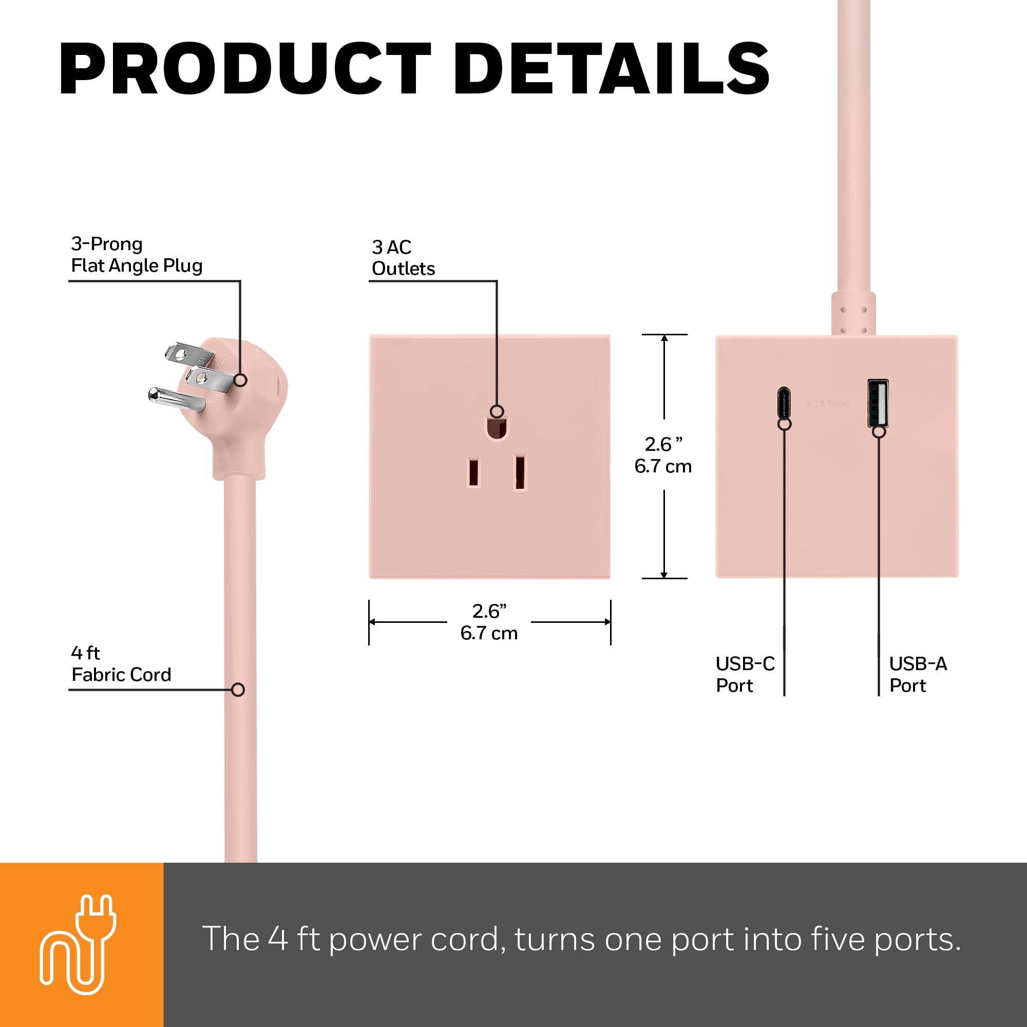 Honeywell Power Cube, 3 Outlets + USB-C & USB-A, 4 ft Cord, Flat Plug, Pink