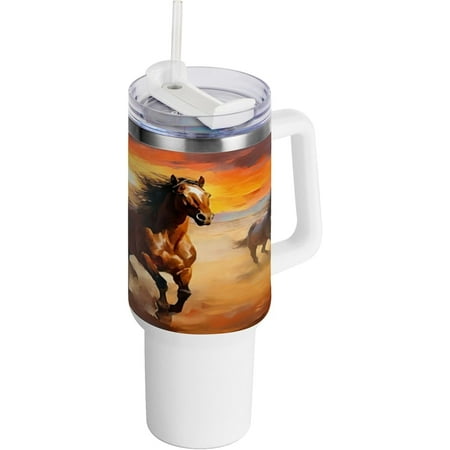 

SKYSONIC 40 oz Red Orange Brown Horses Tumbler with Handle and Straw Lid Insulated Cup Reusable Stainless Steel Water Bottle Travel Mug