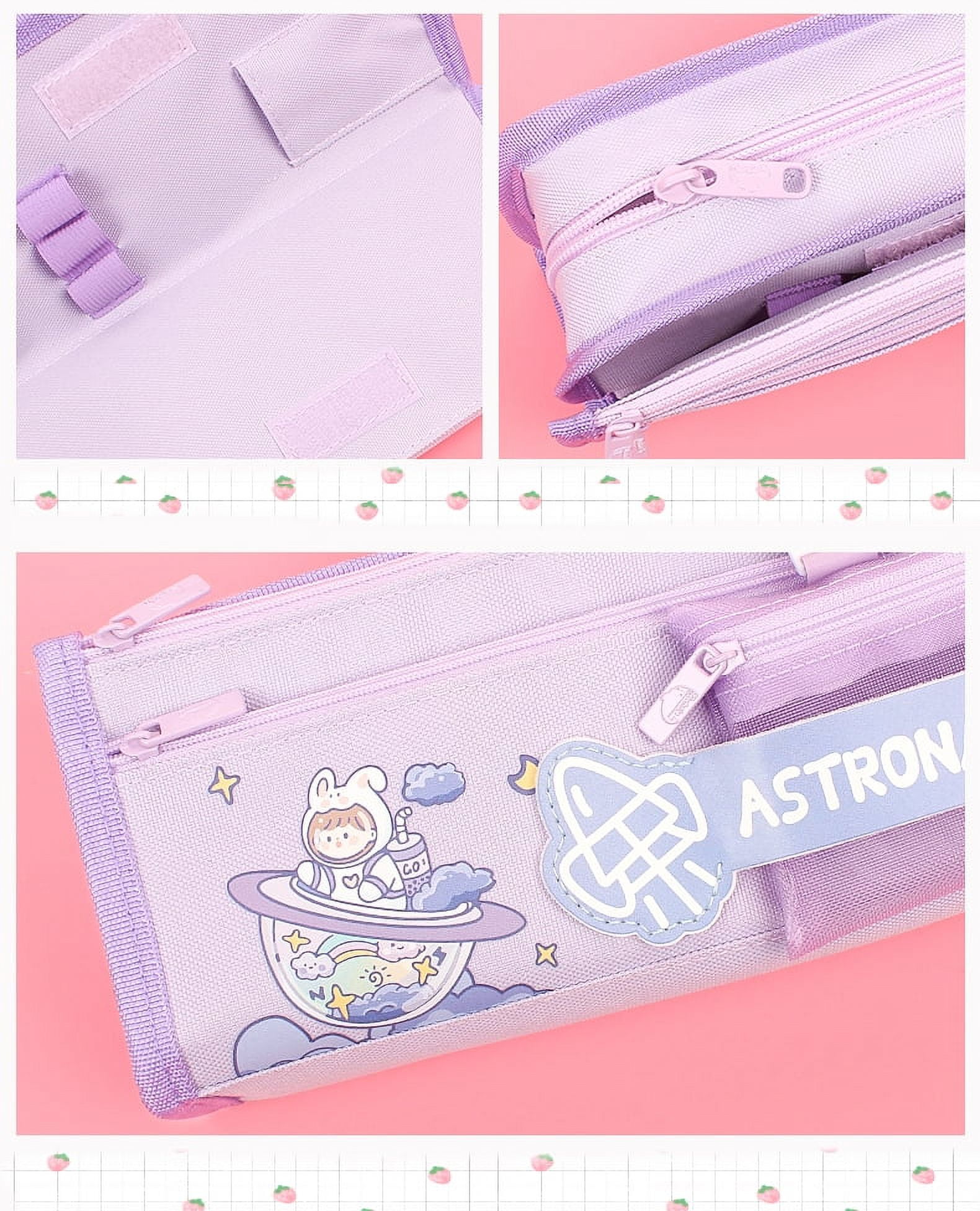 svlftecon Kawaii Pencil Case for Girls Boys Comes with 6 Free Pens Canvas Office Stationery Bag Organizer Pouch Portable Pencil Bag, Pink