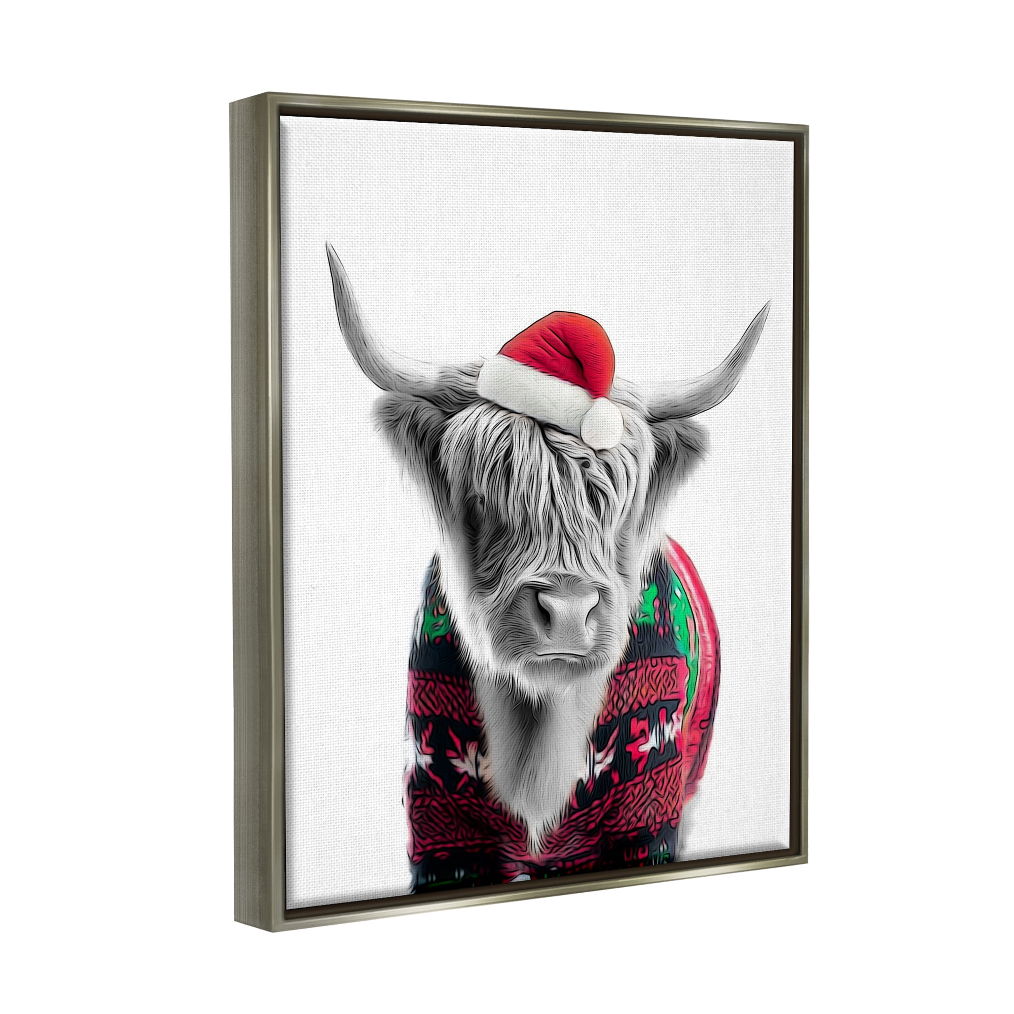 Stupell Industries Cow in Christmas Sweater Holiday Painting Gray Floater Framed Canvas Art Print Wall Art, 17 x 21
