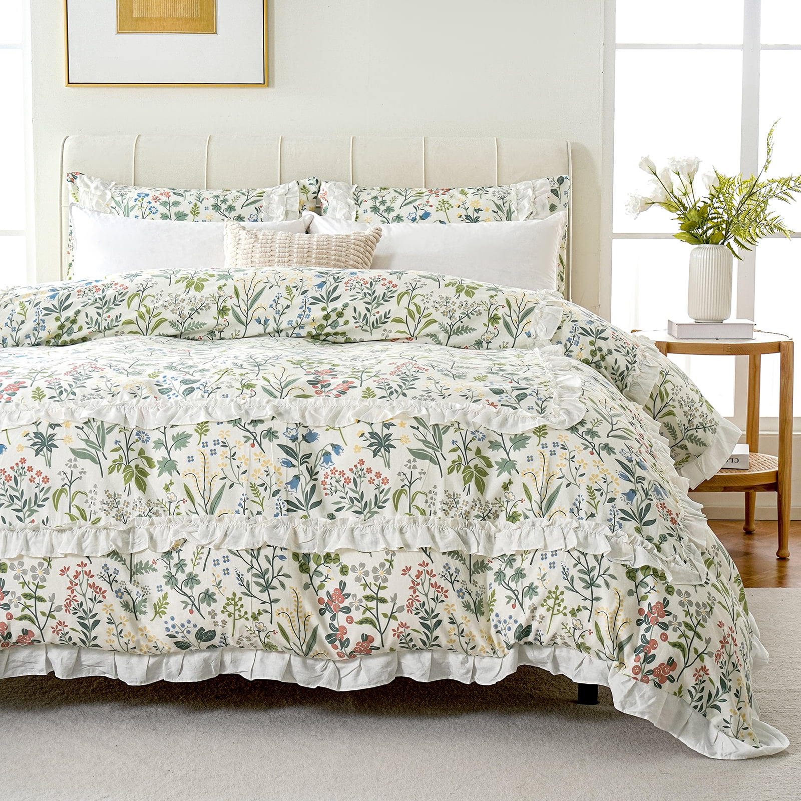 White Ruffle Duvet Cover Set 100% Cotton Green Floral Duvet Cover 3 Pcs Aesthetic Comforter Cover for All Seasons Soft Breathable Bedding Set with Zipper Closure