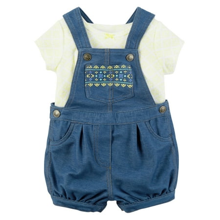 - Carters Infant Girls Blue Denim & Yellow Floral Outfit Shortall Overalls Set