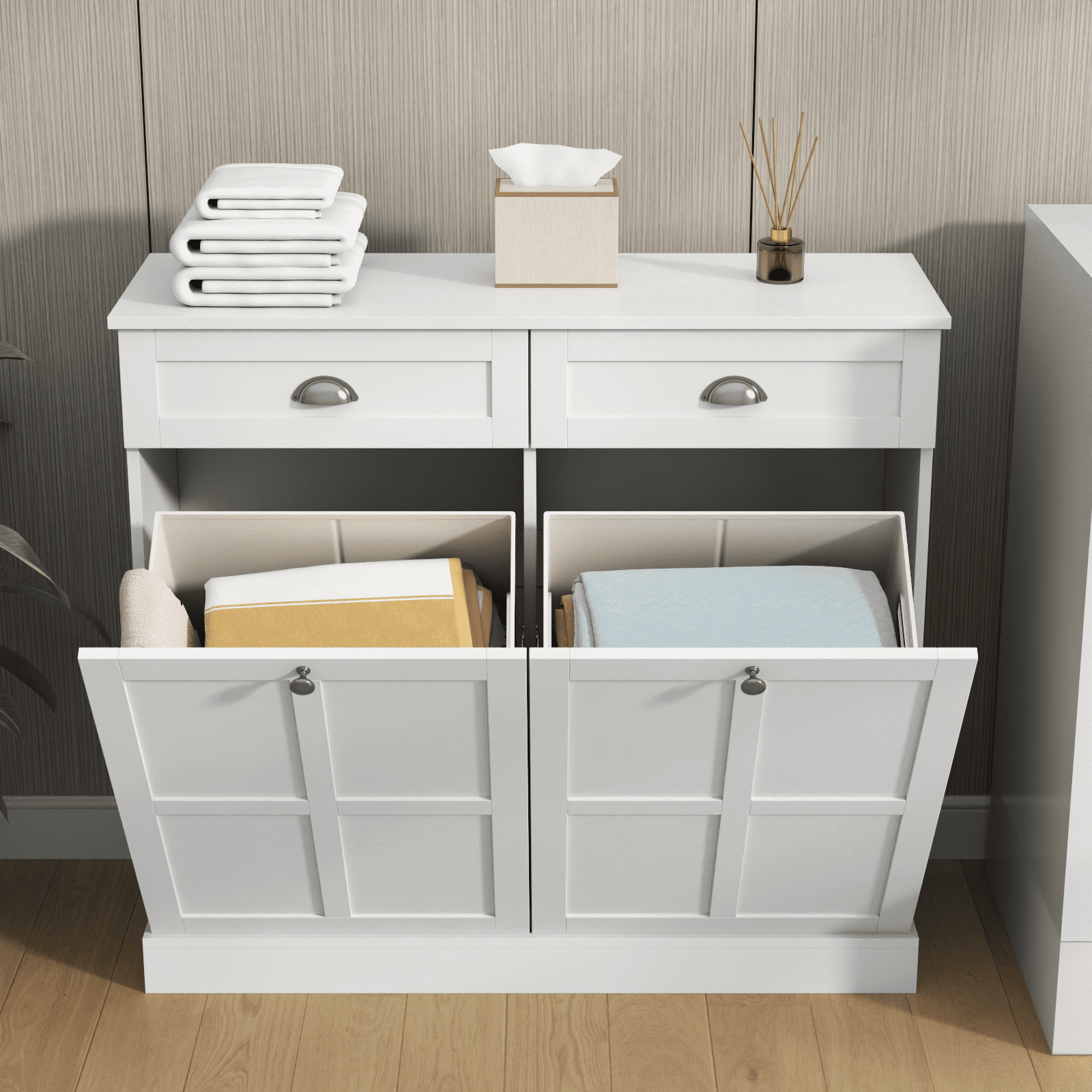 Tilt Out Laundry Sorter Cabinet, Double Laundry Hamper Cabinet with 2 Drawers & 2 Laundry Storage Baskets, 30 Gallon Trash Can Cabinet, Storage Cabinet for Bathroom, Laundry Room, Kitchen, White