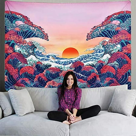 IGUOHAO Ocean Wave Tapestry Wall Hanging, Colorful Sea with Sun Sunset  Tapestry,3D The Great Wave Tapestry Japanese Tapestry for Living Room  Bedroom Dorm Decor (Ocean Wave, 59.1 x 78.8) 