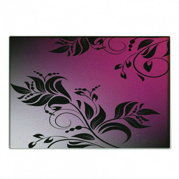 Floral Cutting Board, Swirled Victorian Flower Branch Backdrop in Vibrant Tones Vintage Fantasy Print, Decorative Tempered Glass Cutting and Serving Board, Small Size, Magenta Black, by Ambesonne