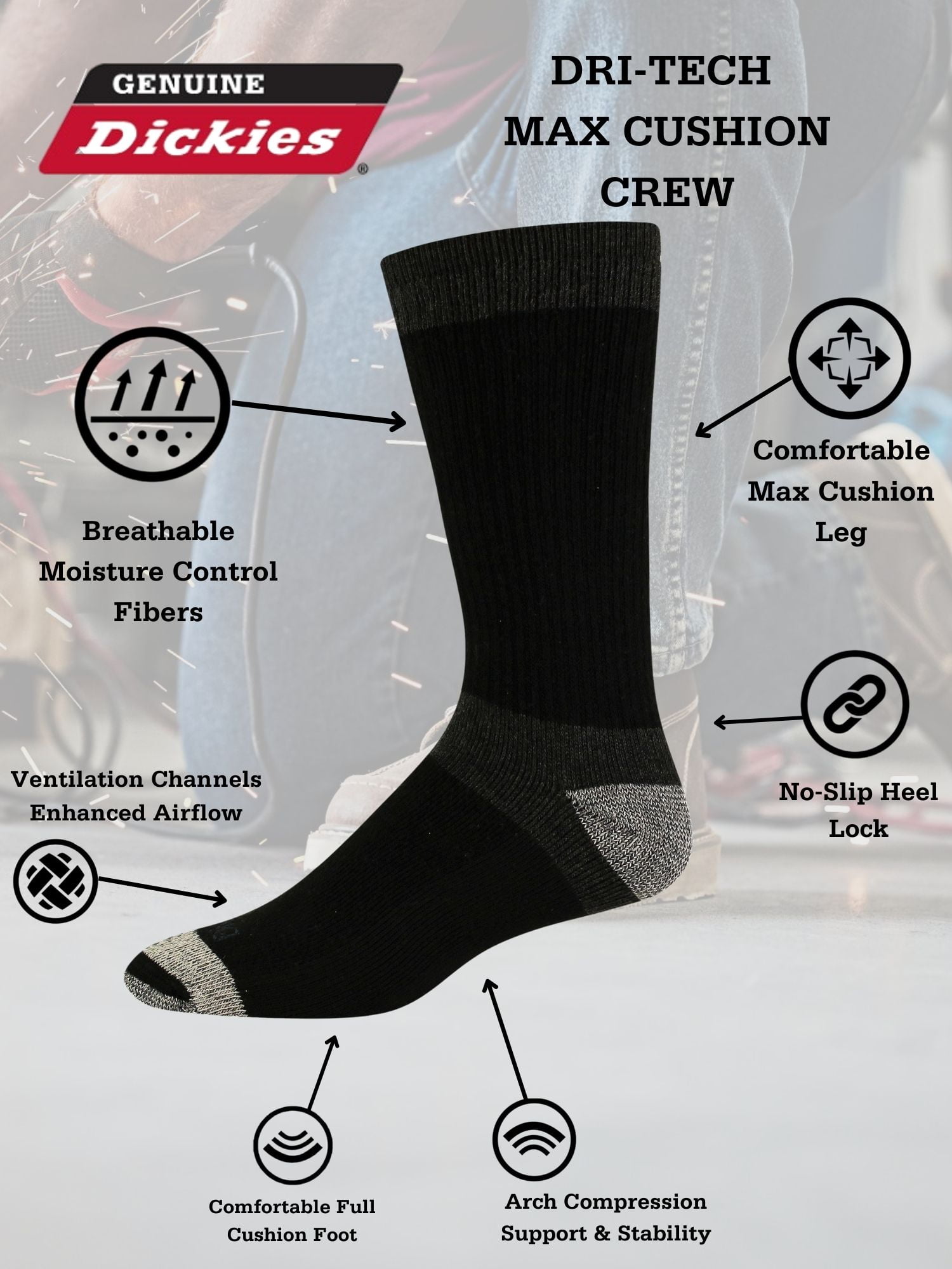 Genuine Dickies Men's Max Cushion Crew Sock, 6 Pack Black Size 6-12