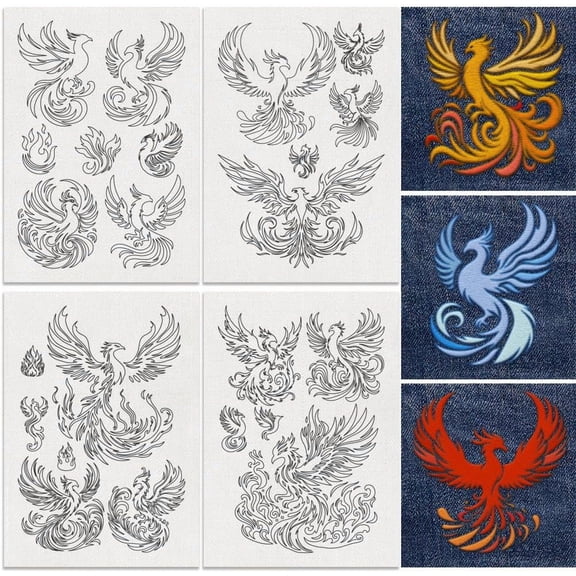 23Pcs Phoenix Water Soluble Hand Sewing Stabilizers 8.3"x11.7" Firebird Embroidery Pattern Stabilizer 4 Sheets Phoenix Stick and Stitch Embroidery Paper Sticker