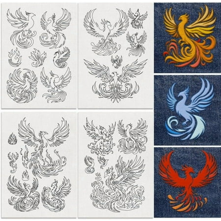 23Pcs Phoenix Water Soluble Hand Sewing Stabilizers 8.3"x11.7" Firebird Embroidery Pattern Stabilizer 4 Sheets Phoenix Stick and Stitch Embroidery Paper Sticker