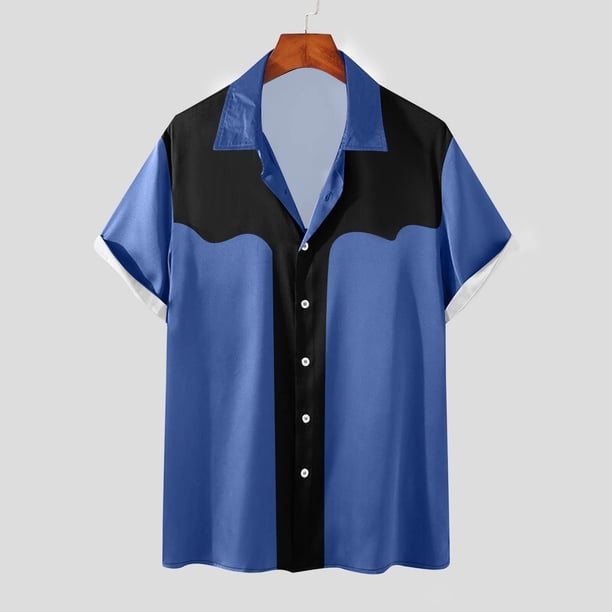 Camisas Elvqul para Hombre Stretch Azul Oscuro Casuales con Estampado de Bloques de Color Manga Corta Solapa Abotonada