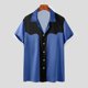 thumbnail image 1 of Camisas Elvqul para Hombre Stretch Azul Oscuro Casuales con Estampado de Bloques de Color Manga Corta Solapa Abotonada, 1 of 5