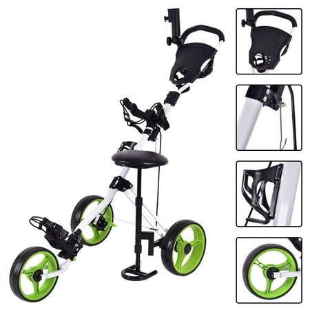 Goplus Foldable 3 Wheel Push Pull Golf Club Cart Trolley w/Seat Scoreboard Bag Swivel