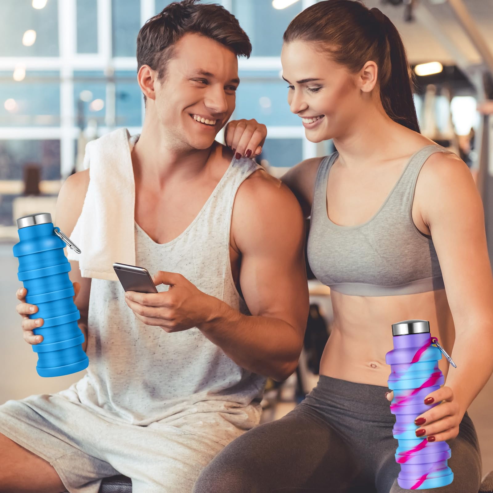 NexTone 8 Pcs Collapsible Water Bottles Bulk Reusable Silicone Foldable Water Bottles 17 oz Portable Lightweight Sports Bottle with Carabiner for Gym Hiking Camping Travel(Mixed Colors)
