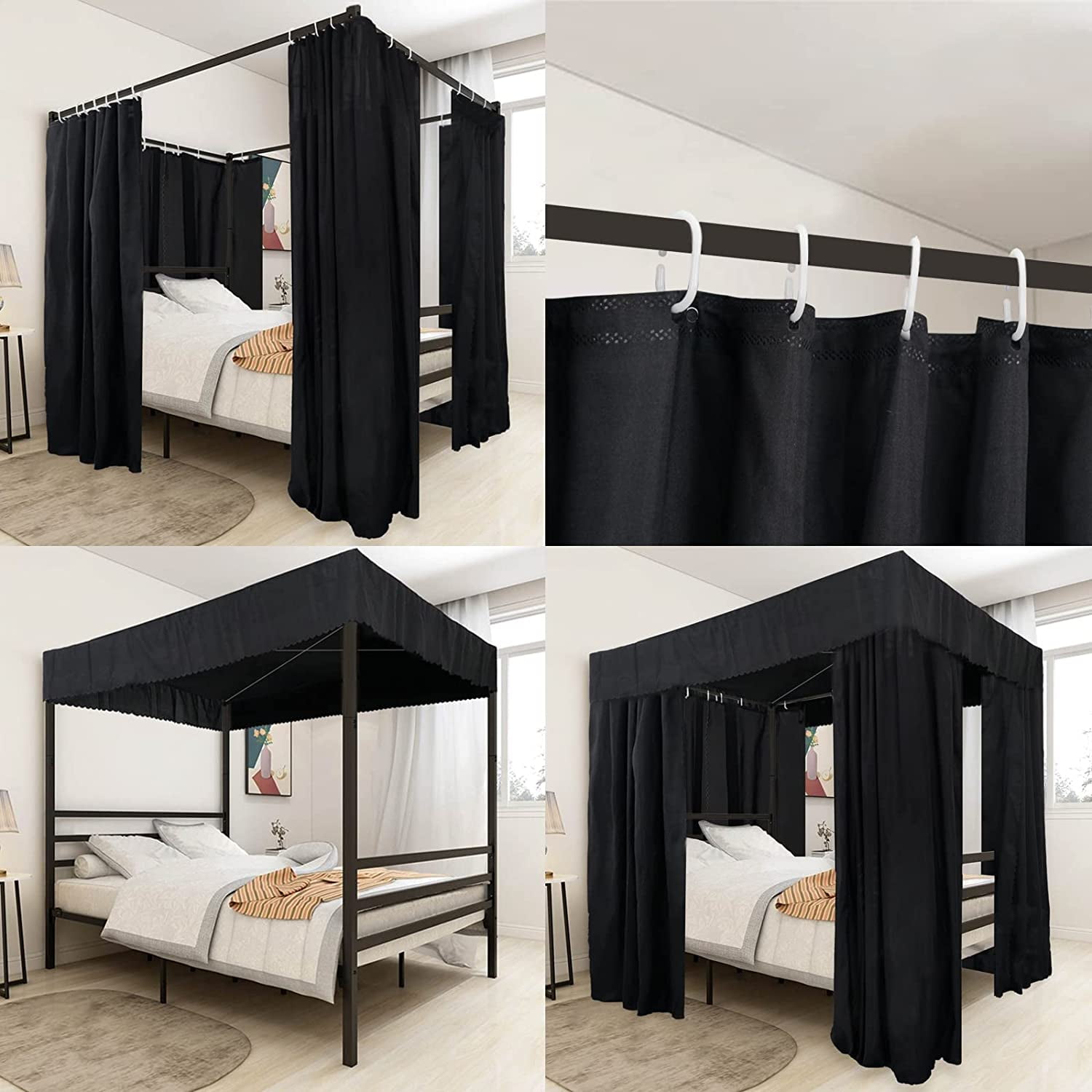 Black Canopy Bed Curtains - 4 Corner Post Bed Curtains Canopy Full Bed Canopy Curtains for Adults Girls Bedroom Decoration(Black, Full)