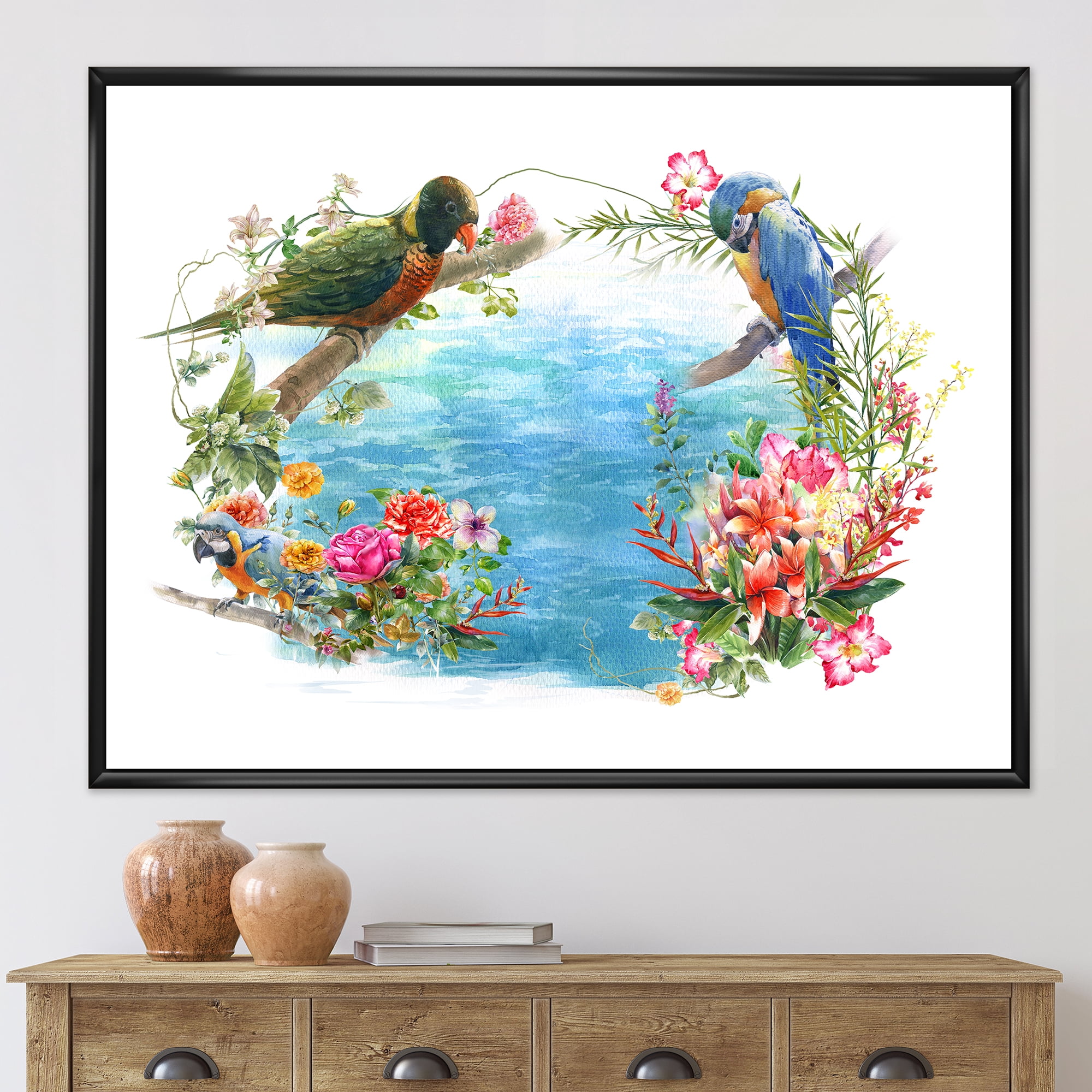 Designart 'Parrots and Flowers By The Blue Waterside' Traditional Framed Canvas Wall Art Print