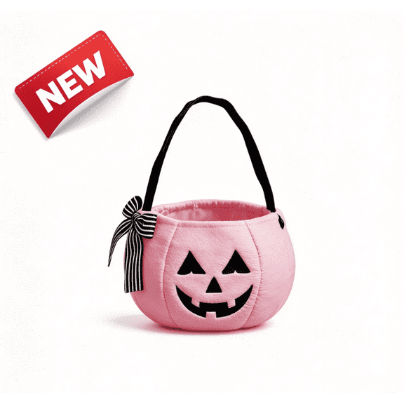 Halloween Handheld Pumpkin Candy Bucket, Pink Bow Embroidered Trick-or-Treat Bag, Children’s Holiday Decoration Prop for Party Favors and Candy Storage
