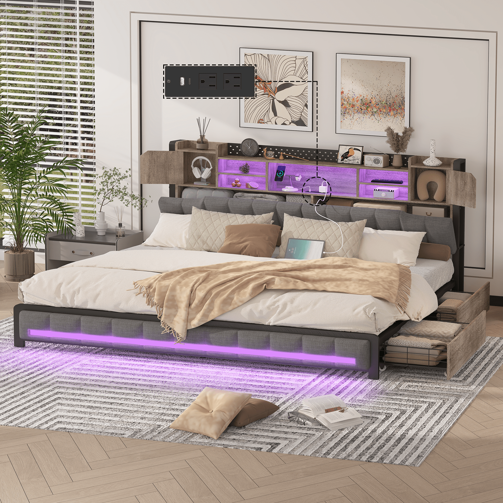 King Size Bed Frame and Bookcase Headboard & Storage Drawers, LED Upholstered Platform Bed Frame King Size with USB Charging Station, No Box Spring Needed, Easy Assembly, Oak Gray