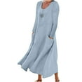 thumbnail image 2 of AOOCHASLIY Ladies Dress Clearance Women Long Sleeve Cotton Linen Round Neck Pocket Fashion Print Dress, 2 of 5
