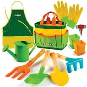 Kids Gardening Tool Set 12 PCS - Includes Shovel, Rake, Fork, Trowel, Apron, Gloves, Watering Can and Tote Bag - Wooden Gardening Tools for Kids - Play22USA