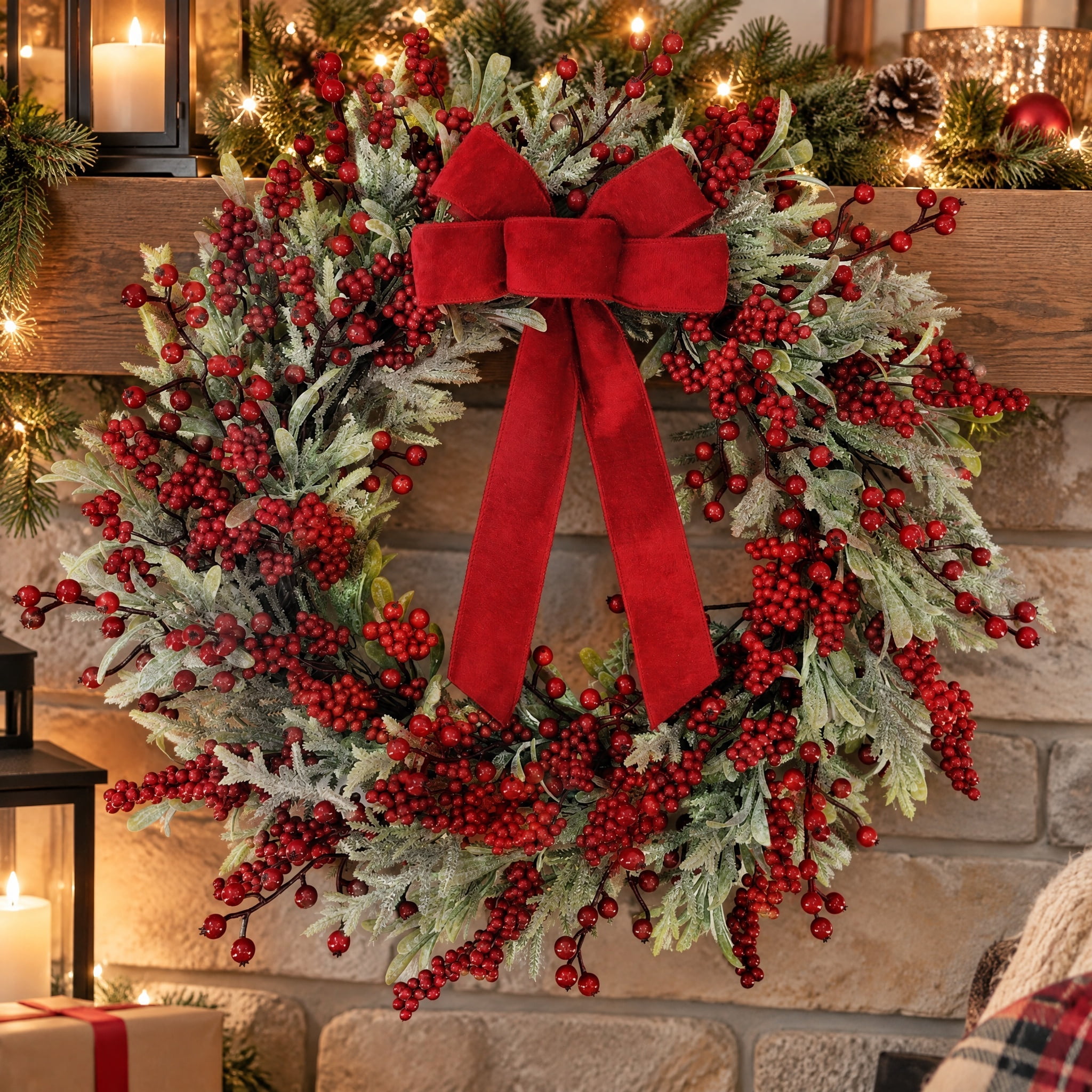 Frosted Evergreen and Eucalyptus Artificial Christmas Wreath with Berries and Bow, Red and Green, 24", by Holiday Time
