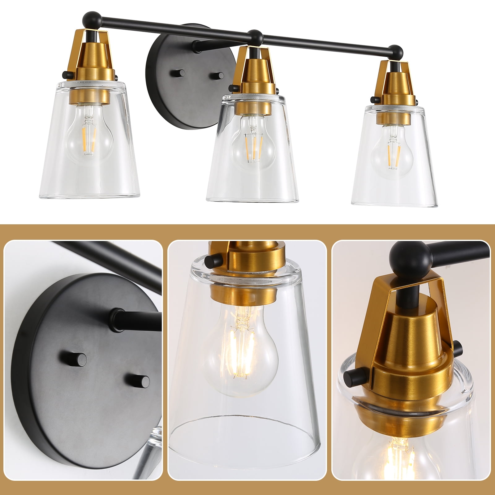 Modern 3-Light Black & Bronze Bathroom Vanity Light with Clear Glass Shade - E26 Wall Sconces for Living Room, Bedroom, Hallway (Bulb Not Included)