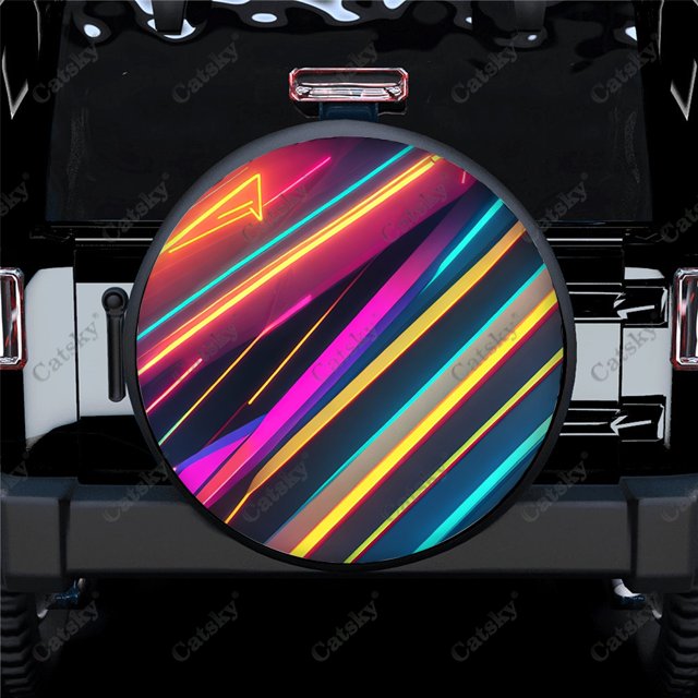 Abstract Lines Colorful Neon Pattern Polyester Universal Spare Wheel Tire Cover Wheel Covers for Trailer RV SUV Truck Camper