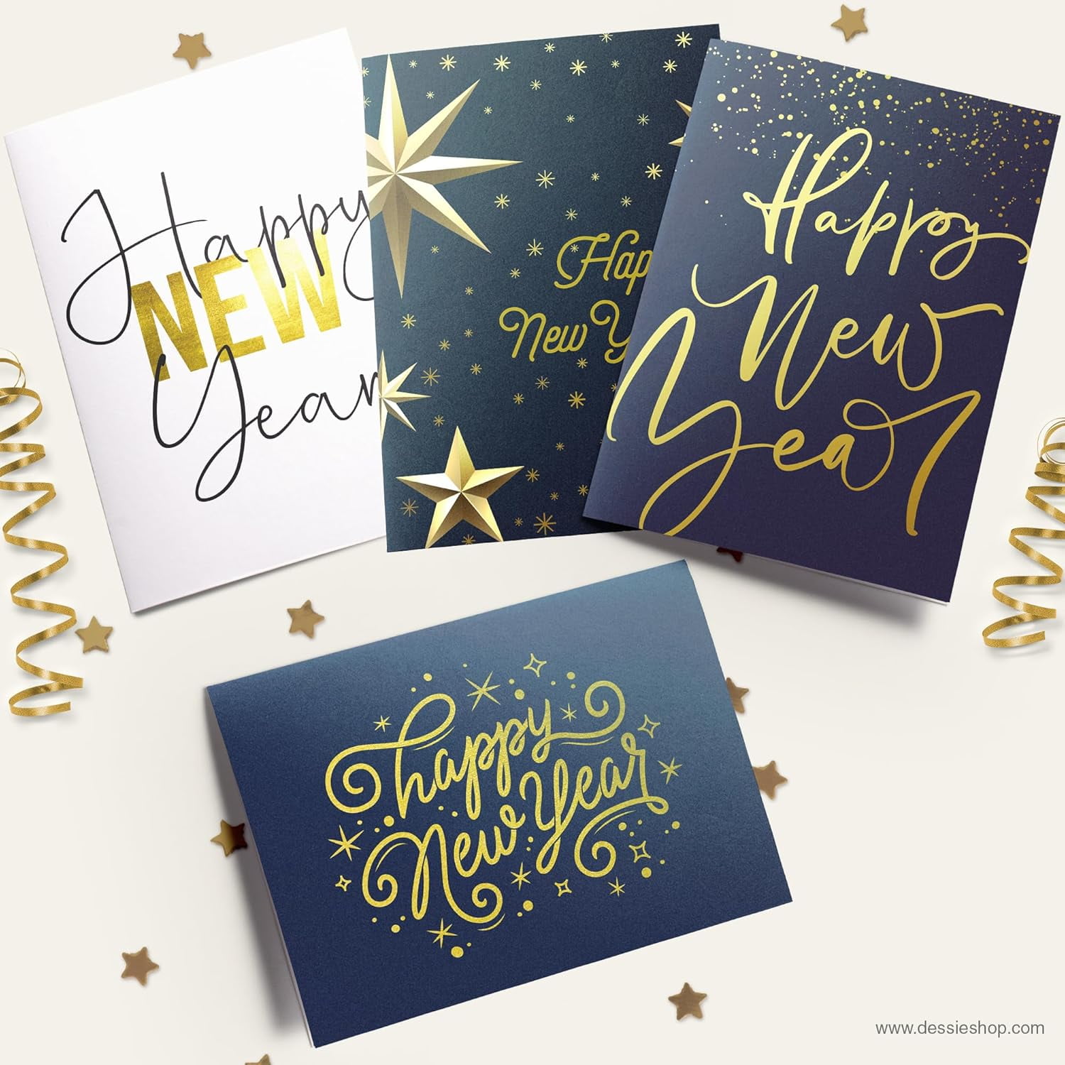 Dessie Boxed Happy New Year Cards – 30 Large 5x7 Cards with Gold Foil, 32 Envelopes & Box