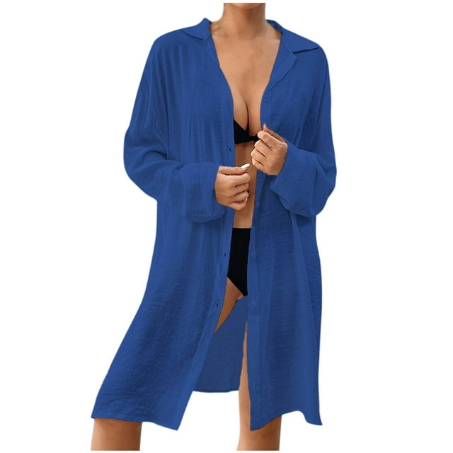 Plebaso Chemise de Plage pour Femmes à Boutons, Manches Longues, Col de Couverture, Maillot de Bain, Robes Amples, Hauts