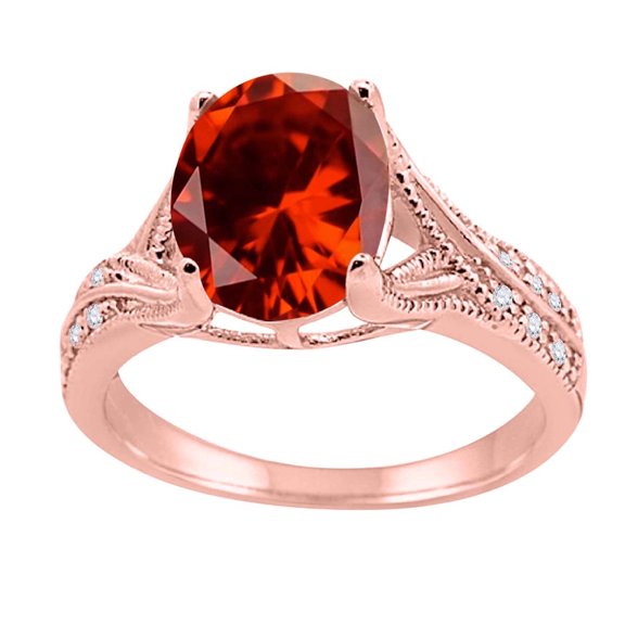 Mauli Jewels Rings for Women 2.46 Carat Oval Cut Garnet and Diamond Antique Ring 4-Prong 10K Rose Gold